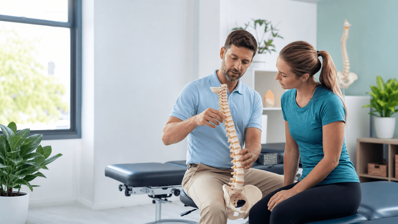 Chiropractor reviewing care options with a patient in a bright treatment room