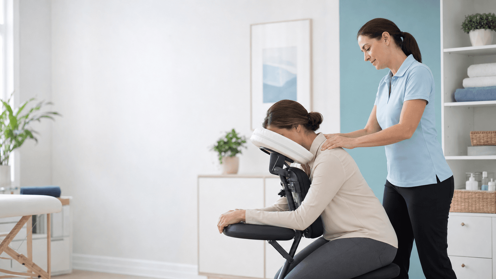 Massage therapist providing seated shoulder care in a bright clinical room