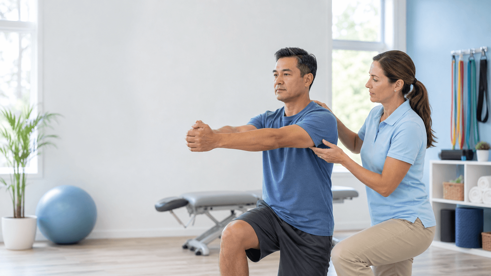 Clinician guiding a patient through a controlled rehabilitation movement
