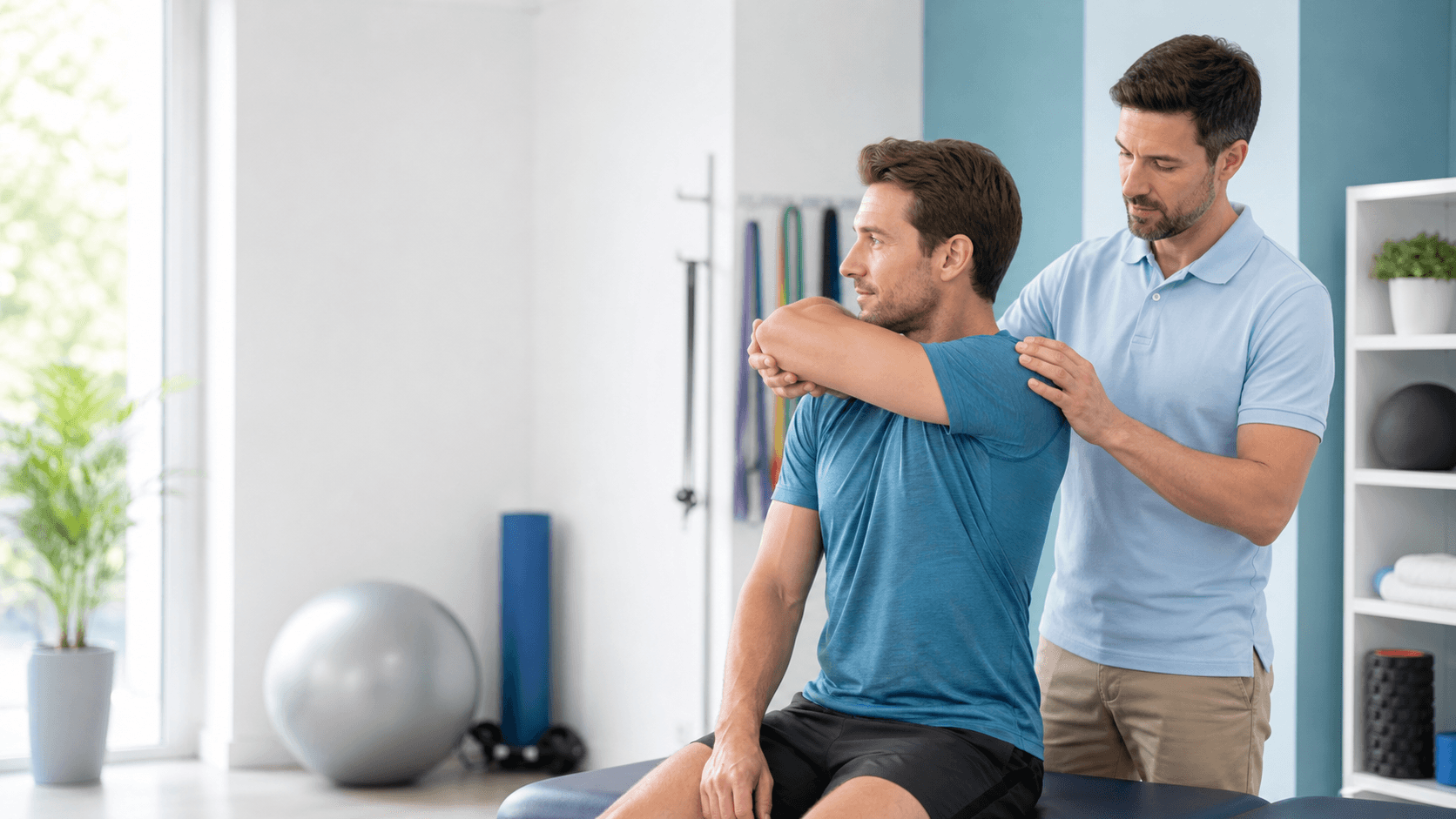 Clinician assessing shoulder movement with an active patient
